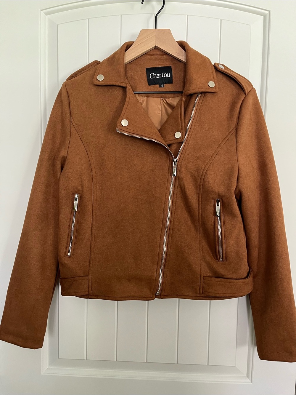 Chartou Camel Faux Suede Jacket Women’s Medium Asymmetrical Zip Motorcycle Coat